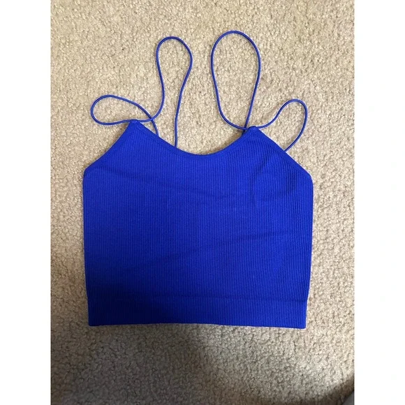 Zenana Phoebe Double Strap Brami Bright Blue Ribbed Seamless Crop Top NT-6023AB - Picture 2 of 6